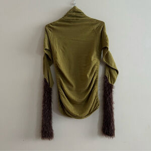 NWOT Vitelli Italy Sz 2 (XXS) Green Cashmere Turtleneck With Brown Fur Sleeves